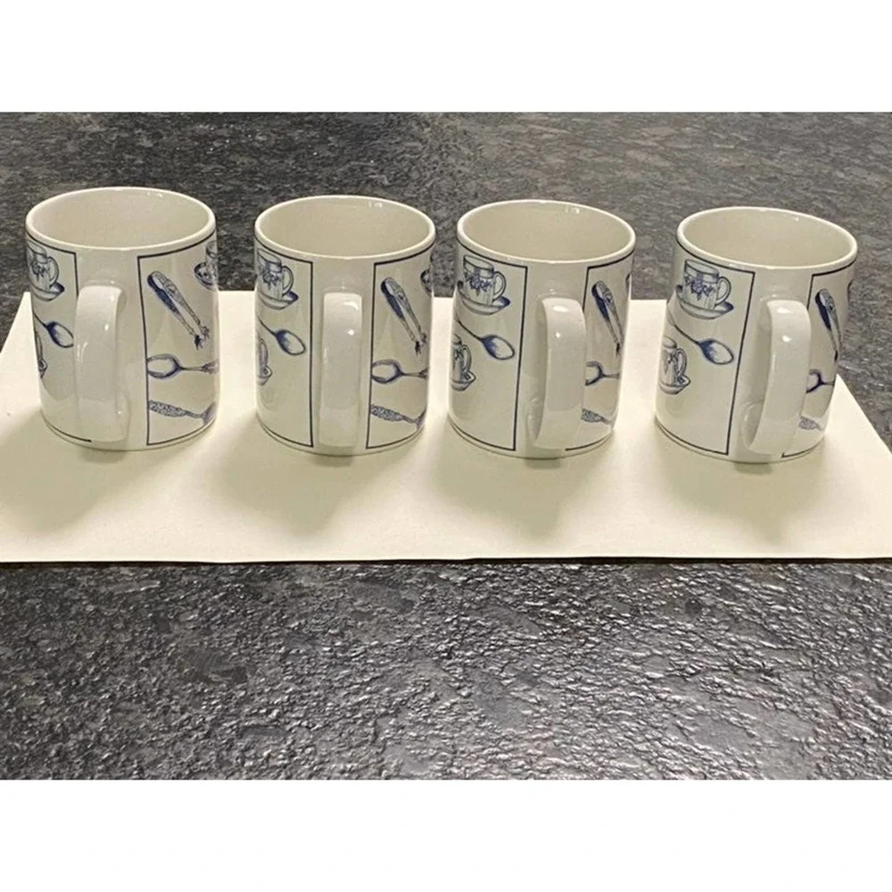 Set of 4 Fitz & Floyd‎ Omnibus Habitat Americana Colony Blue Mugs